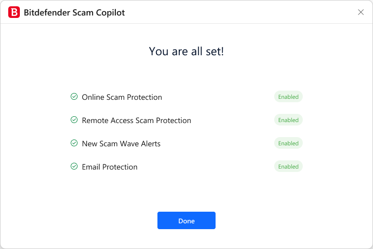 Configurare Scam Copilot. Sunteți gata!